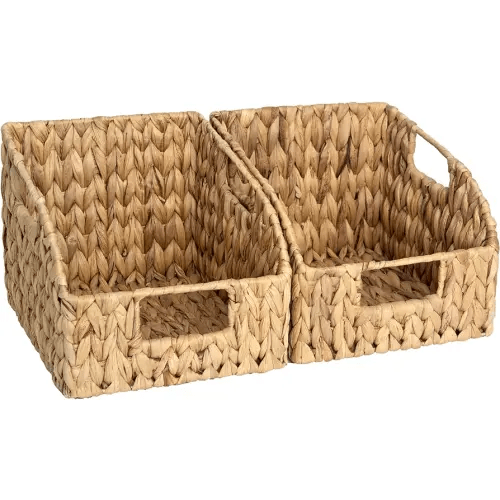 StorageWorks Pantry Baskets for Organizing, Wicker Baskets with Built-in Handles, Handwoven Wicker Storage Baskets, Water Hyacinth for Shelves, 2 Pack