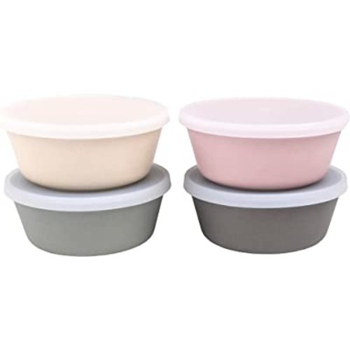 WeeSprout Bamboo Kids Bowls with Lids, Set of Four 10 oz kid-Sized Bamboo Bowls, Bamboo Kid Bowls with Lids for Leftovers, Dishwasher Safe (Pink, Green, Gray, & Beige)