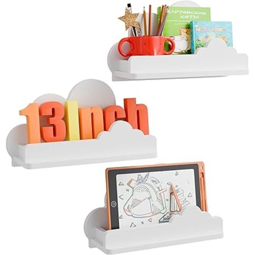 Cloud Shelves for Kid’s Room, 13’’ Long Nursery Wall Deor Set Of 3, White Cloud Bookshelf Floating Shelf, Figure Shelf Wall Mounted, Cute Decorative Cloud Wall Shelf for Toys, Plants & Storage