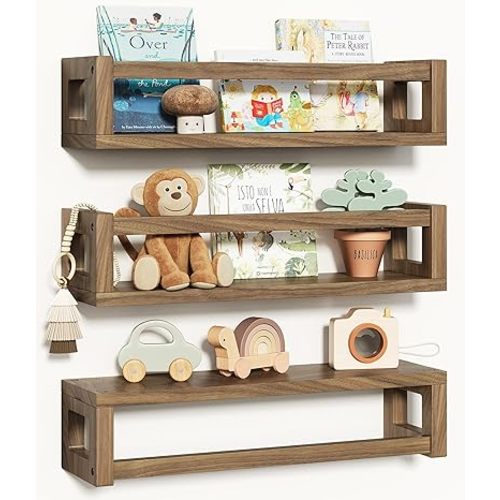 Upgraded Thick Floating Shelves, Solid Wood Bookshelf for Wall, Floating Book Shelves Use as Wall Shelves for Bedroom, Kids Room, Nursery, Books, Spice Rack & Decor – Dark Walnut Brown