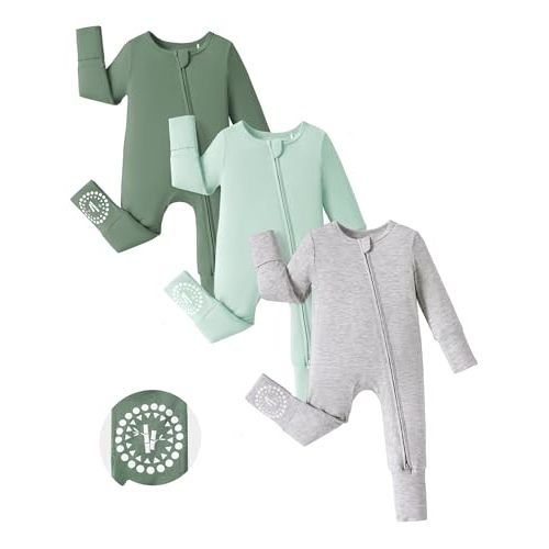 PATPAT Baby Footies Boys Girls - Bamboo Viscose - Zipper & Non-Slip Soles Romper Mitten - Footed & Footless Infant Clothes