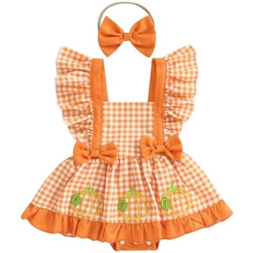 My First Halloween Baby Girl Outfit Pumpkin Romper Dress Fly Sleeve Plaid Ruffle Jumpsuit Newborn Fall Clothes