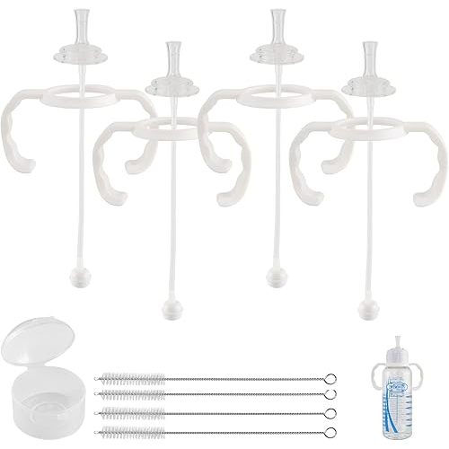 Straw Cup Conversion Kit for Dr Browns Narrow and Narrow Glass Baby Bottles, Spill-Proof Transition Kit with Silicone Straw Nipple, Weighted Straw, Handle, 4 Pack, 6m+