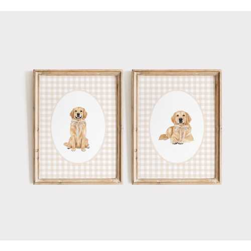 Golden Retriever Nursery Print Set, Watercolor Dog Wall Art, Neutral Nursery, Boy Gingham Wall Print, Tan Beige Bow, Neutral Girl Nursery