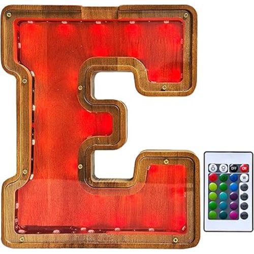Wooden Letter Piggy Bank for Kids,9inch Kids Money Bank with LED Lights, Alphabet Coin Jar(A-Z), Birthday Gift for Kids, Toys for Boys and Girls(E)