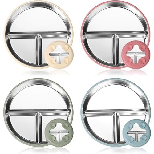 4pcs Stainless Steel Kids Plates with Silicone Suction, Divided Suction Non Toxic Plates for Baby BPA Free Toddler Metal Dishes Feeding Supplies for Toddlers Kids Babies (4 Colors)
