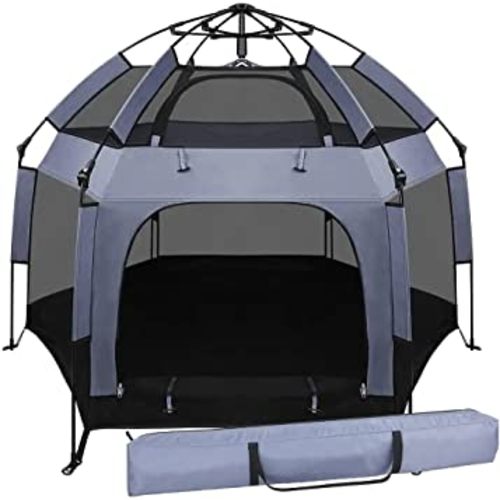 Baby Play Yard Outdoor Baby Playpen with Canopy Beach Tent for Kids and Toddlers Portable Lightweight Pop Up Pack and Play Playards with Travel Bag,61"*61"*49.2" Grey