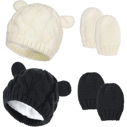2 Set Newborn Winter Beanie Hats Gloves Kit for Baby Girls Boys Infant Toddler Warm Knitted Hats Glove Autumn Spring