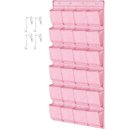 Pink Shoe Organizer Over the Door for Girls Women Kids Room,Hanging Shoe Rack Organizer for Closet Door,Zapateras Storage Holder with 24 Large Pockets & 4 Sturdy Hooks for Shoes,Slippers