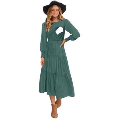 Womens Flutter Long Sleeve Smocked Tiered Nursing Dress for Breastfeeding