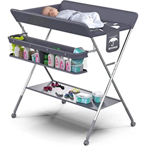 Baby Portable Changing Table - Foldable Changing Table with Wheels - Portable Diaper Changing Station - Adjustable Height Baby Changing Table-Safety Belt and Large Storage Rack for Infants