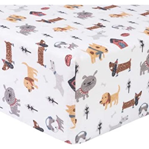 Dog Park Deluxe Flannel Fitted Crib Sheet-Dog Scatter Print Cotton Flannel, Grays, Taupe, Browns, Red, Blue Fully Elasticized, 10 in Deep Pockets, Fits Standard Crib Mattress 28 in x 52 in