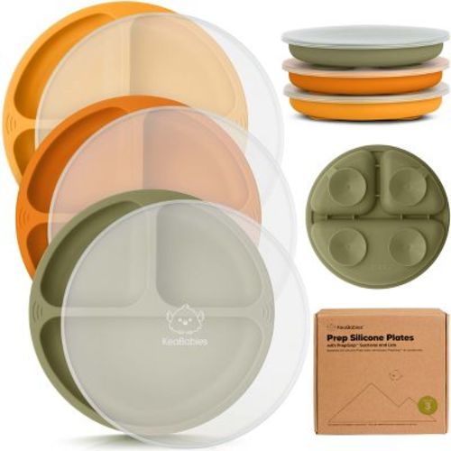 3-Pack Prep Suction Plates with Lids, 100% Silicone Baby Plates with Lid, BPA-Free Kids Divided Toddler Plates (Harvest)
