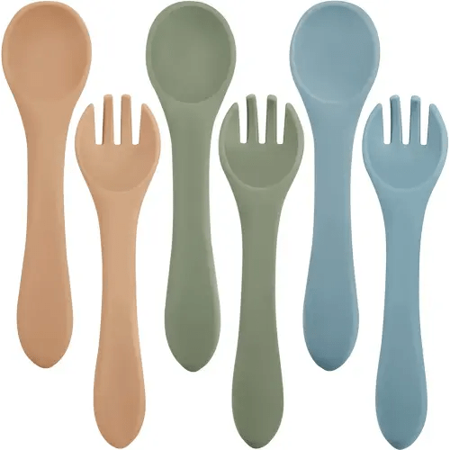 6 Pieces Silicone Baby Feeding Forks and Spoons Set Hot Safety First Stage Self Feeding Supplies Mini Kids Utensils for Over 6 Months Babies Boy Girl Toddlers First Foods (Nature Color)
