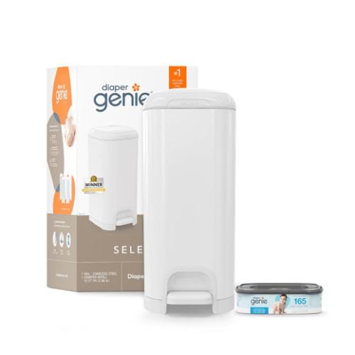 Diaper Genie Select Pail (White) is Made of Durable Stainless Steel and Includes 1 Starter Square Refill That can Hold up to 165 Newborn-Sized Diapers.