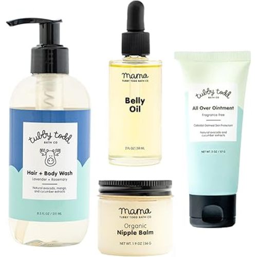 Tubby Todd New Baby & Mom Sensitive Skincare Kit - The Mama + Baby Gift Set - Baby Shampoo and Body Wash 8.5 Oz, All Over Ointment 2 Oz, Belly Oil 2 Fl Oz & Nipple Balm 1.9 Oz - Lavender Rosemary