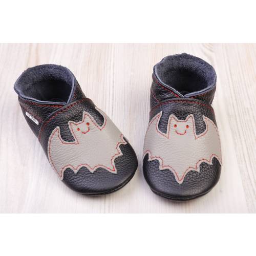 Gray Bat, Halloween Black Leather Baby Shoes, Soft Sole Infant/Toddler Shoes, Baby Slippers/Moccasins, Crib Shoes,Girl, Boy, Bat Baby Shower