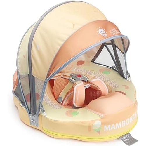 Mambobaby Float Add Tail Baby/Infant Swim Float with Canopy, Non-Inflatable Solid Upgrade Soft Waterproof Skin-Friendly Leather Material (Limited Edition Yellow)