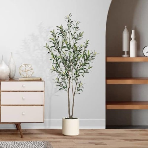 5 ft. Artificial Olive Tree with White Planter, Large Faux Olive Silk Tree for Indoor Home Decor and Housewarming Gift
