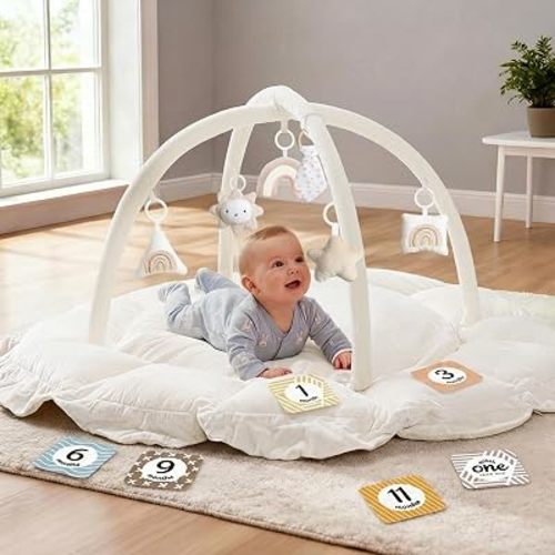 5-in-1 Thick & Plush Baby Play Gym, Baby Play Mats for Floor, Tummy Time Mat with 6 Toys, Convertible Stage-Based Developmental from Babies to Toddlers, Ball Pit, White