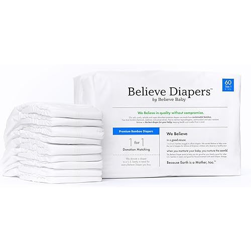 Believe Baby 100% Bamboo Viscose Baby Diapers Size 1 - Premium, Super-Absorbent, Hypoallergenic for Sensitive Skin, Chemical-Free, Unscented Diaper for Babies 8-14 lbs - 60 Ct