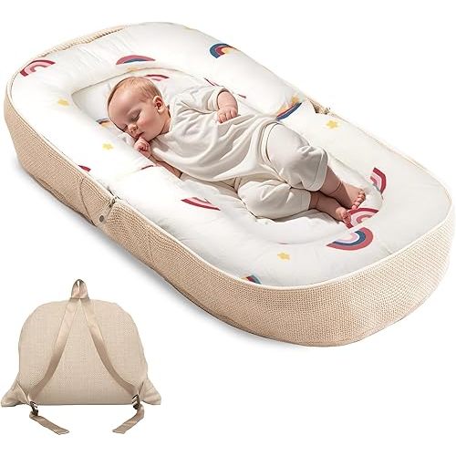 Baby Lounger, Foldable Infant Nest Pillow with Memory Foam Mat, Patterned Cover, Converts to Backpack, 0-12 Months