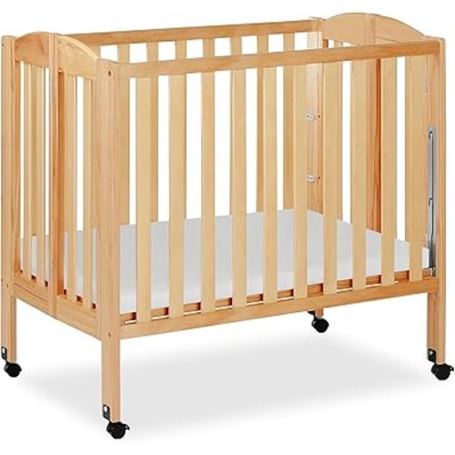 3 in 1 Portable Folding Stationary Side Crib in Natural, Greenguard Gold Certified, Safety Wheel with Locking Casters, Convertible, 3 Mattress Heights