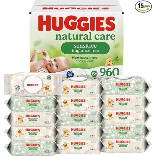 Huggies Natural Care Sensitive Baby Wipes, Unscented, Hypoallergenic, 99% Purified Water, 15 Flip-Top Packs (960 Wipes Total)