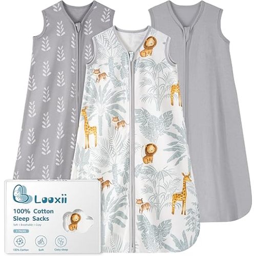 Looxii Baby Sleep Sack 0.5 TOG, 100% Cotton 3 Pack Wearable Blanket Baby Sleep Bag for Newborn Infant, 2-Way Zipper Lightweight Toddler Sleeping Sack 0-6 Months