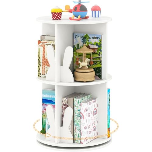 HONEY JOY Kids Rotating Bookshelf, Wooden Spinning Small Corner Organizer w/Baffles, 360°Display Standing Toddler Bookshelf, Narrow Storage Rack, Montessori Book Shelf for Nursery, Playroom (White)