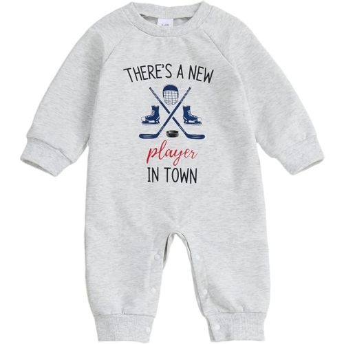 Baby Boy Girl Hockey Outfit New Player in Town Crew Neck Long Sleeve Daddy Hockey Jumpsuit Newborn Fall Winter Clothes