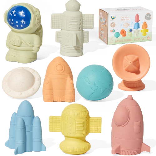AMCHSURI Mold-Free Bath Toys No Holes for Toddlers, 9-Pack Astronaut & Rocket Ship Toys