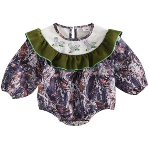 Pudcoco Infant Baby Girls Clothes Ruffle Romper Embroidery Mallard Duck Camo Bodysuit Hunting Outfit