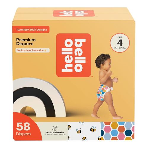 Hello Bello Premium Diapers Size 4 (22-37lbs), Busy Bees & Hive Five Designs, 58ct Club Box