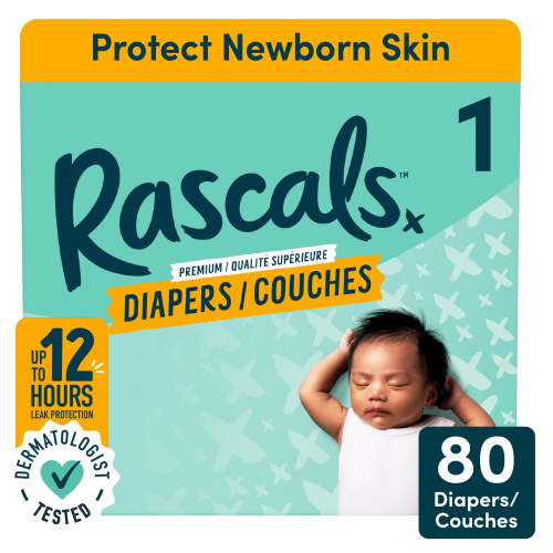 Rascals Premium Absorbent Baby Diapers, Size 1, Small Carton, 80 Count - Walmart.ca