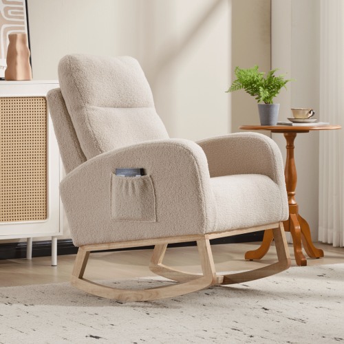 Rocking Chair Nursery with Side Pocket, Upholstered Nursery Glider Rocker with High Backrest, Comfy Armchair angle range 80°-130° for Living Room, Bedroom, Beige
