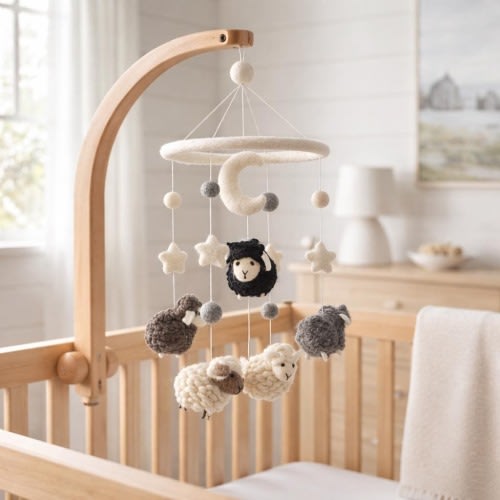 Gray Sheep Baby Mobile For Nursery Decor, Wool Felt Counting Sheep, Baby Shower's Gift, Crib Mobile, Cot Mobile, Nursery Gift