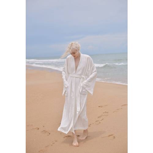 Women Linen Robe with Pockets - White Linen Long Robe - Organic Cotton Robes - Women Linen Robe
