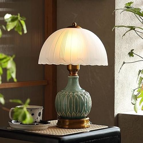 Glivpny Vintage Table Lamp for Living Room,16" Mid Century Modern Ceramic Lamps for Bedroom,Retro Bedside Nightstand Mushroom Glass Lamps, Classic Chinoiserie Green Lamp for Home Decor (LD002)