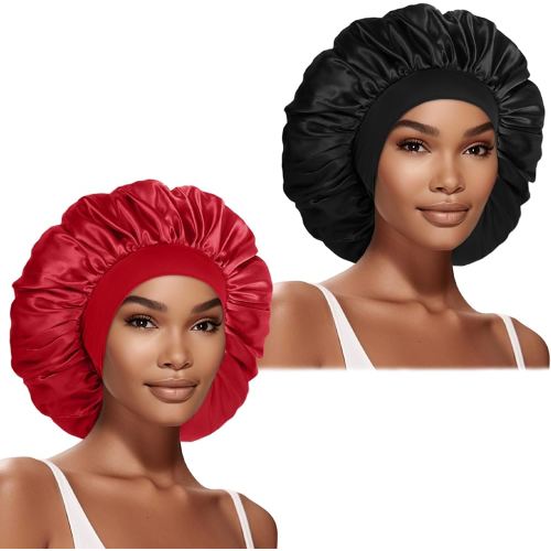 2 Pcs Extra Large Satin Hair Bonnet for Sleeping Cap 17 inches Jumbo Silk Sleep Bonnet for Women (Black & Red)