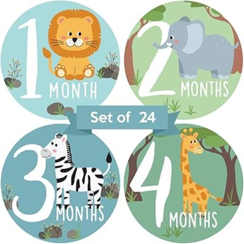 Baby Monthly Stickers - Set of 24 - Zoo Animals Baby Milestone Stickers - Perfect for Newborn Boys or Girls - Month to Month Milestones - Jungle Safari Unisex Gender Neutral Design (Set of 24)