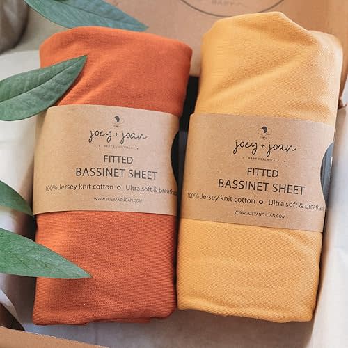 Bedside Sleeper Bassinet Fitted Sheets 33x20 for Maxi COSI Iora, Koola Baby, Baby Joy, Angelbliss, Kidsclub Bedside Bassinet – 100% Jersey Cotton – Mustard Yellow + Burnt Orange – 2 Pack