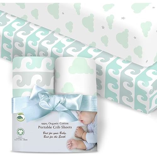 100% Organic Cotton Fitted Sheets for Graco Pack n Play, Babyletto, Pamo Babe, Hiccapop, Dream on Me, Evenflo, Baby Trend, Hygge Hush Portable/Mini Crib/Playards, and Beka Bedside Bassinet 2 Pk