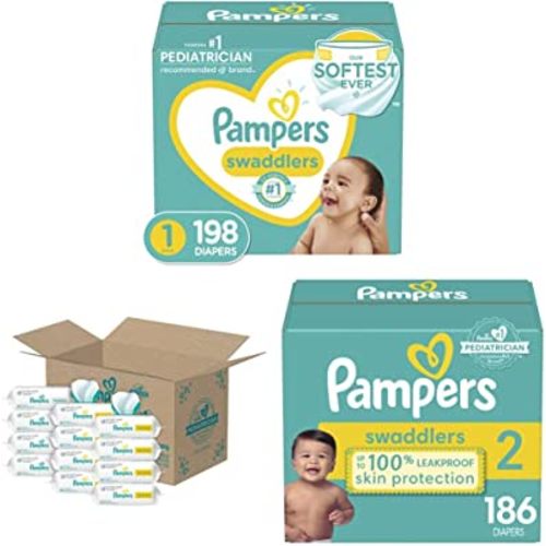 Pampers Baby Diapers and Wipes Starter Kit, Swaddlers Disposable Baby Diapers Sizes 1 (198 Count) & (186 Count) with Sensitive Water-Based Baby Wipes, 12 Pop-Top and Refill Combo Packs, 864 Count