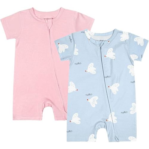 Teach Leanbh Baby Boys Girls 2 Pack Bamboo Viscose Pajamas 2 Way Zipper Short Sleeve Romper Jumpsuit Sleep and Play
