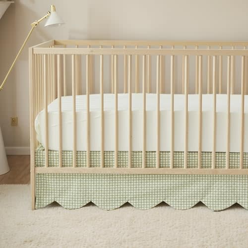 Brandream Scallop Edge Cotton Crib Skirt, Baby Boy Girl Gender Neutral Crib Skirt Toddler Bedskirt Farmhouse Chic Nursery Crib Bed Skirt, Boho Bohemian Green Gingham