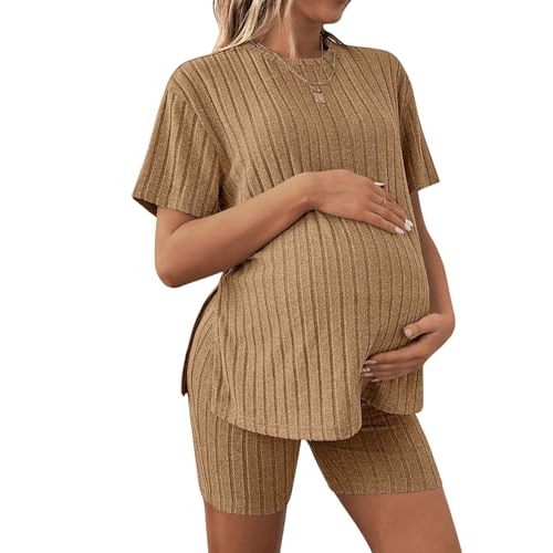 MakeMeChic Women's Maternity Pajamas 2 Piece Lounge Set Ribbed Knit T Shirt Biker Shorts Sleepwear Tracksuit