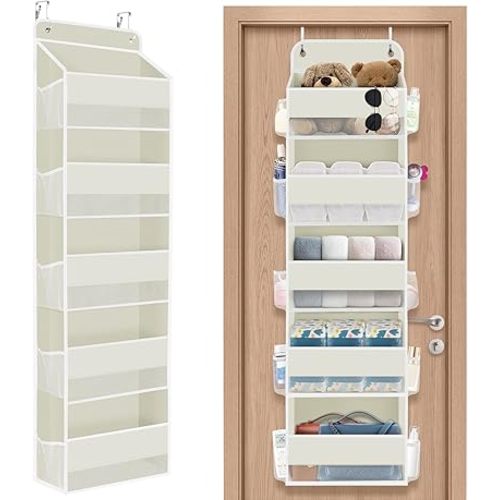 1 Pack Over The Door Organizer, Hanging Storage Organizer with Clear Window, 40lb Ultra Sturdy Large Capacity Room Organizer for Pantry Bathroom Nursery Closet Baby Essential (Beige)