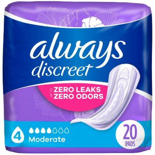 Always Discreet Incontinence & Postpartum Incontinence Pads For Women - Moderate Absorbency - Size 4 - 20ct