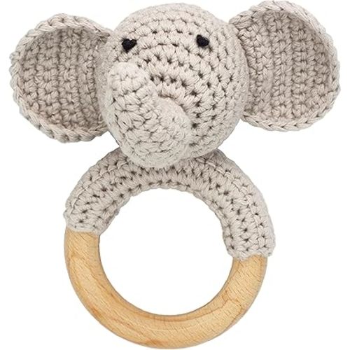 Woodland Friends Baby Rattle Shaker Toy with Wooden Teething Ring Gray Elephant